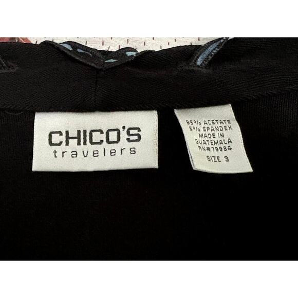 CHICO'S Travelers Open Front Cardigan-Slinky Black Knit w/Blue Ribbon-L/S Size 3 - Picture 6 of 7